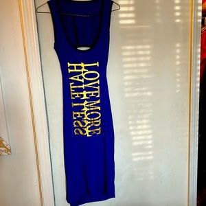 Blue sleeveless,backless dress with logo in Gold letters